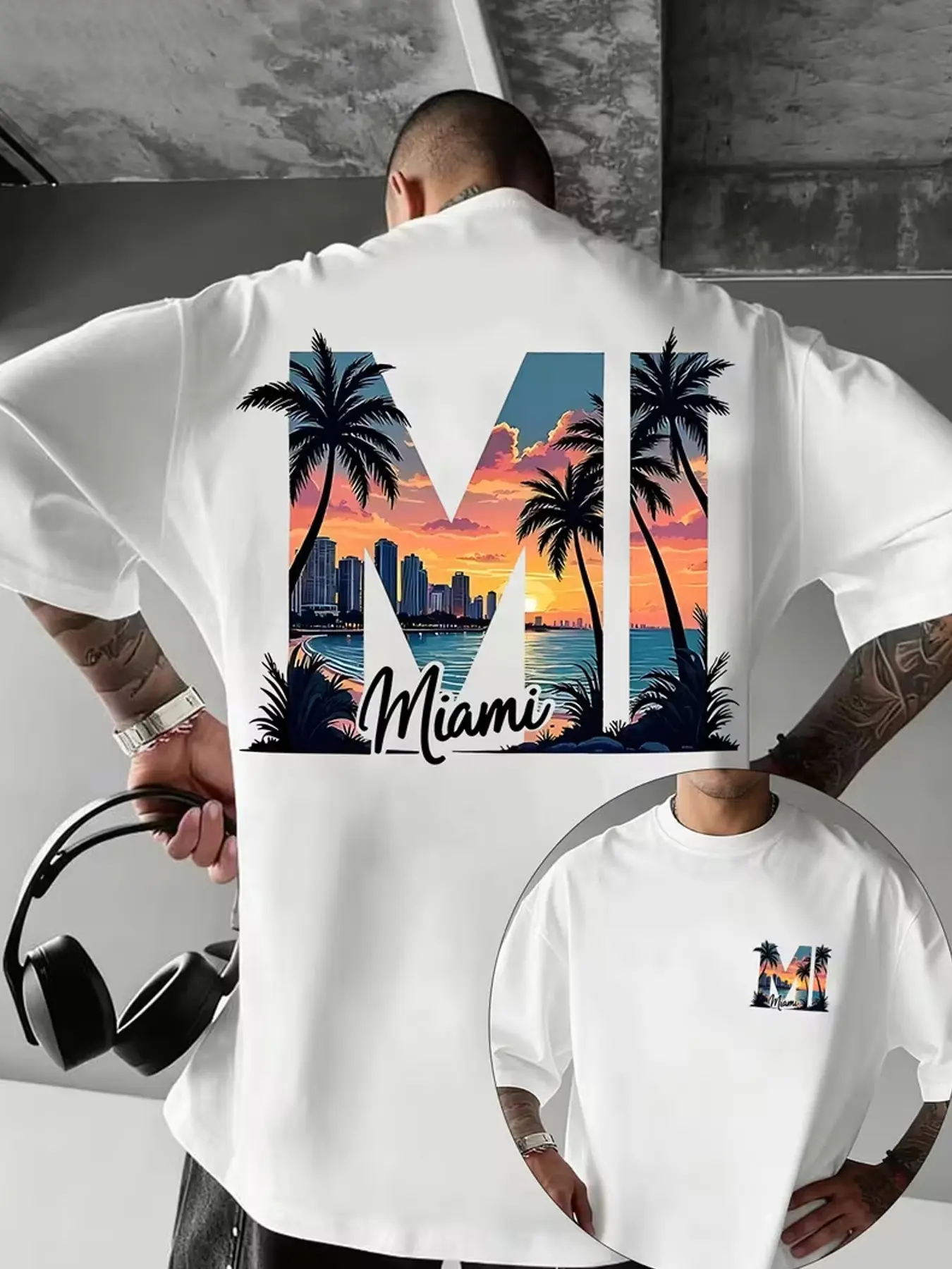 "MIAMI" Double Sided Oversized T-Shirt, Men's Retro Tropical Sunset Palm Tree Graphic Print Tee, Casual Style Tee, Casual Summer Tee, Casual Beach Streetwear, More Colors, Menswear | TikTok Viral