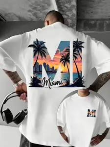 "MIAMI" Double Sided Oversized T-Shirt, Men's Retro Tropical Sunset Palm Tree Graphic Tee, Casual Summer Tee, Casual Beach Streetwear, More Colors | TikTok Viral