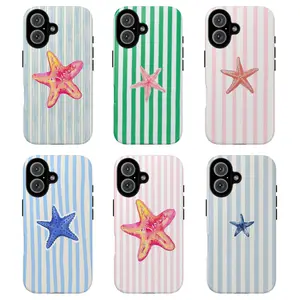 Beach Starfish Tough Phone Case, Colorful Striped Design for a Fresh Summer Vibe, gift for him for her iPhone 17 Pro Max 17 Air 17Pro 16 15 14 13 12 11 Pro Max