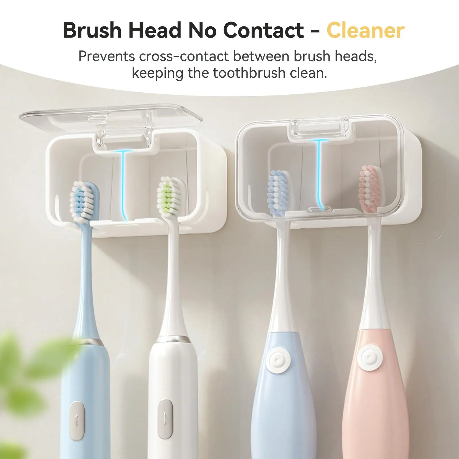 Acrylic Minimalist Modern 2-Layer Wall-Mounted Toothbrush Holder with Transparent Cover, No-Drill Adhesive Mount, 2-Slot Dustproof Ventilated Storage for Electric & Manual Toothbrushes, Easy to Clean