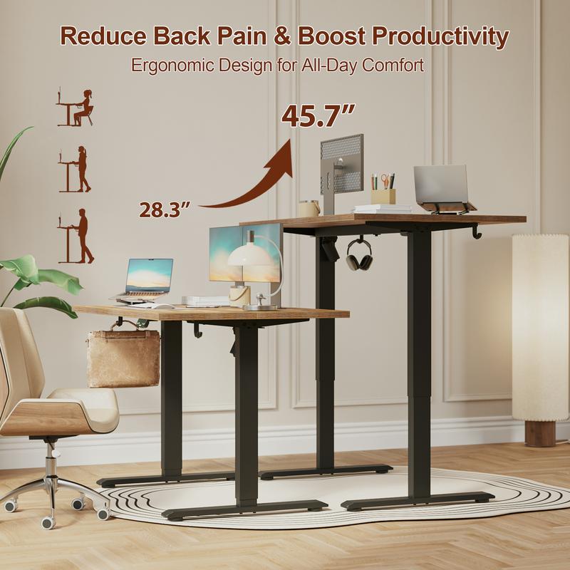Agilestic 55.1 Inch Electric Height Adjustable Standing Desk, Sit to Stand Up Computer Desk with Memory Preset, Ergonomic Home Office Desk with Hooks,White/Black/Rustic Brown/Dark Walnut