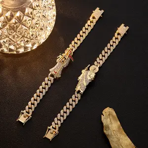 Hip-Hop Full Rhinestone Cuban Chain Santa Muerte Pendant Charm for Men and Women Elegant Copper Jewelry Matching Couple Bracelets