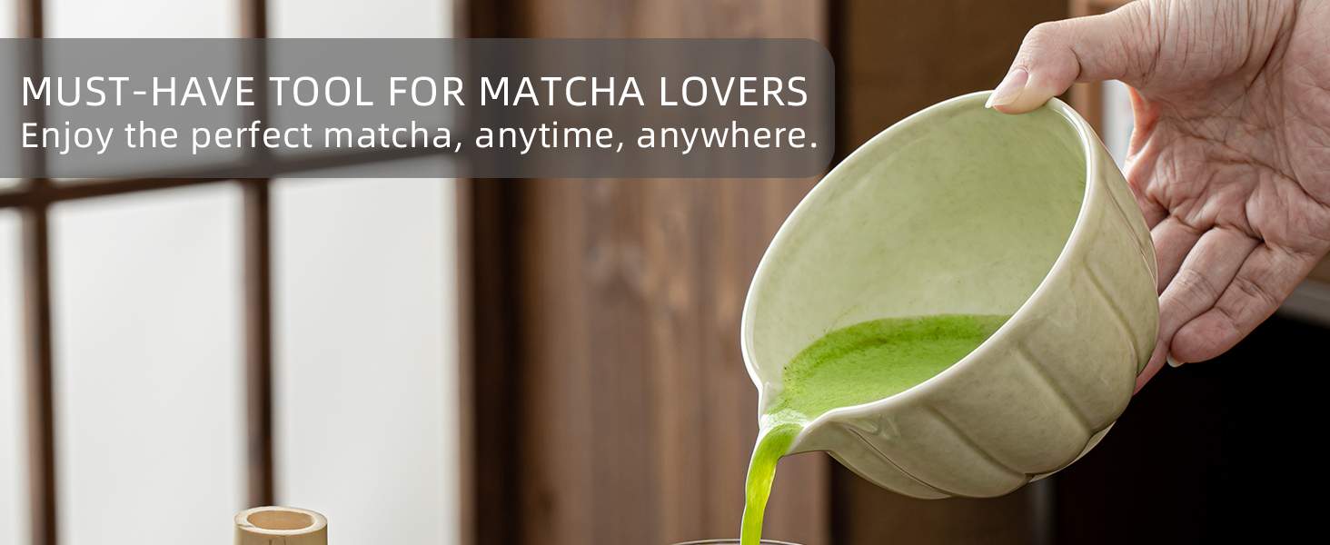 Matcha Whisk Set, Matcha Bowl with Spout, Matcha Whisk, Chasen Holder, Sifter, Bamboo Scoop - 5 Pcs Perfect Matcha Making Kit for Matcha Lover and Tea Ceremony (Speckled Green)