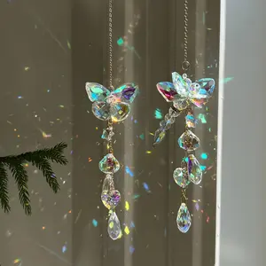 Glass Crystal Sun Catcher Hanging Crystals, Rainbow Maker Prism Pendant, Butterfly Dragonfly Design, Boho Wall Decor, Indoor Outdoor Garden, Bohemian Style
