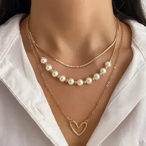 Modern Layered Pearl Choker Necklace, Stainless Steel Gold Jewelry Set, Fashion Gift for Women Bestie Couple	