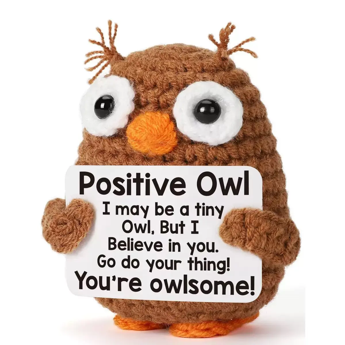 Crochet Positive Owl Plush - Handmade Amigurumi Stuffed Animal, Crochet Animals, Cute Stuffies, Cute Motivational Desk Decor, 9cm/3.5inch Small Gift for Friends/Kids, Stuffed Animal Gifts
