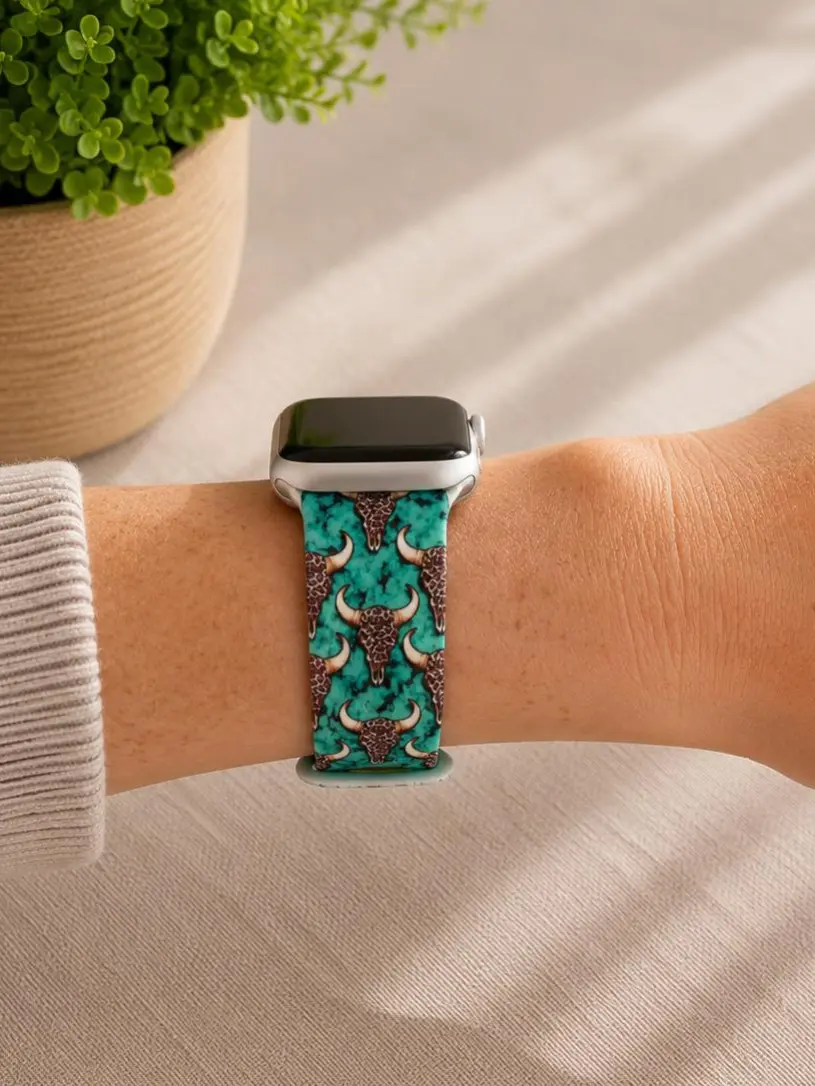 Western Turquoise Bull Skull Watch Band – Cowgirl Silicone Watch Strap – Western Boho Watch Band for Women