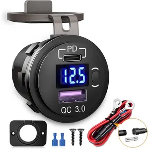 Nilight Dual USB Car Charger Socket - PD Type C & QC 3.0 Fast Charging Solution, 12V-24V Vehicle/Truck/Aftermarket Truck Accessories, Voltmeter, ON-OFF Switch, Fused Wire Kit for Cars, RVs Car Power Bank Jumper
