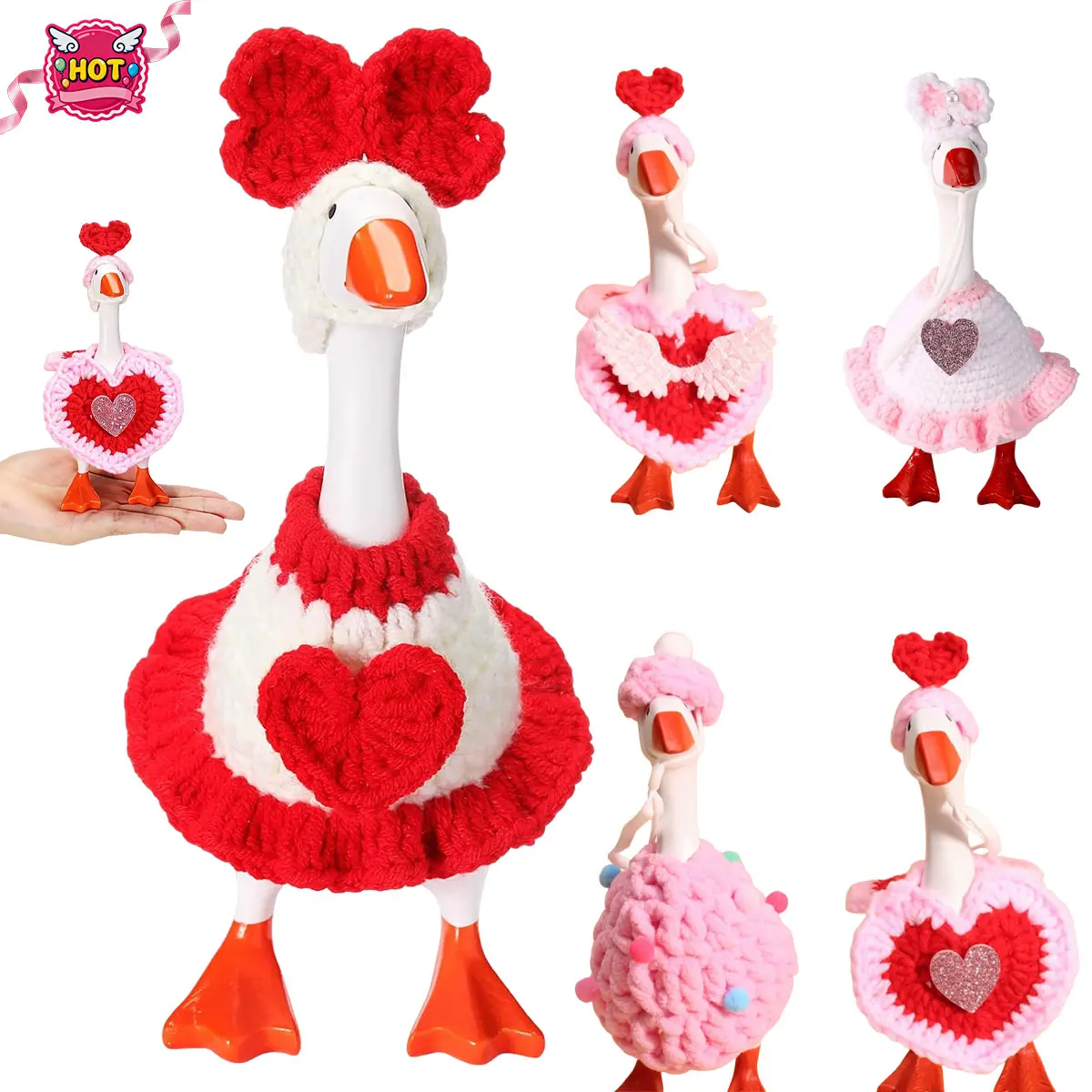 7-Inch Polyester Mini Motion Magnetic Goose Toy with Knitwear Outfits, Clothes & Knit-Hat Detail - Home Office Decor, Decorative Home Ornament, Festive Vday Gift, Keys Stay Put