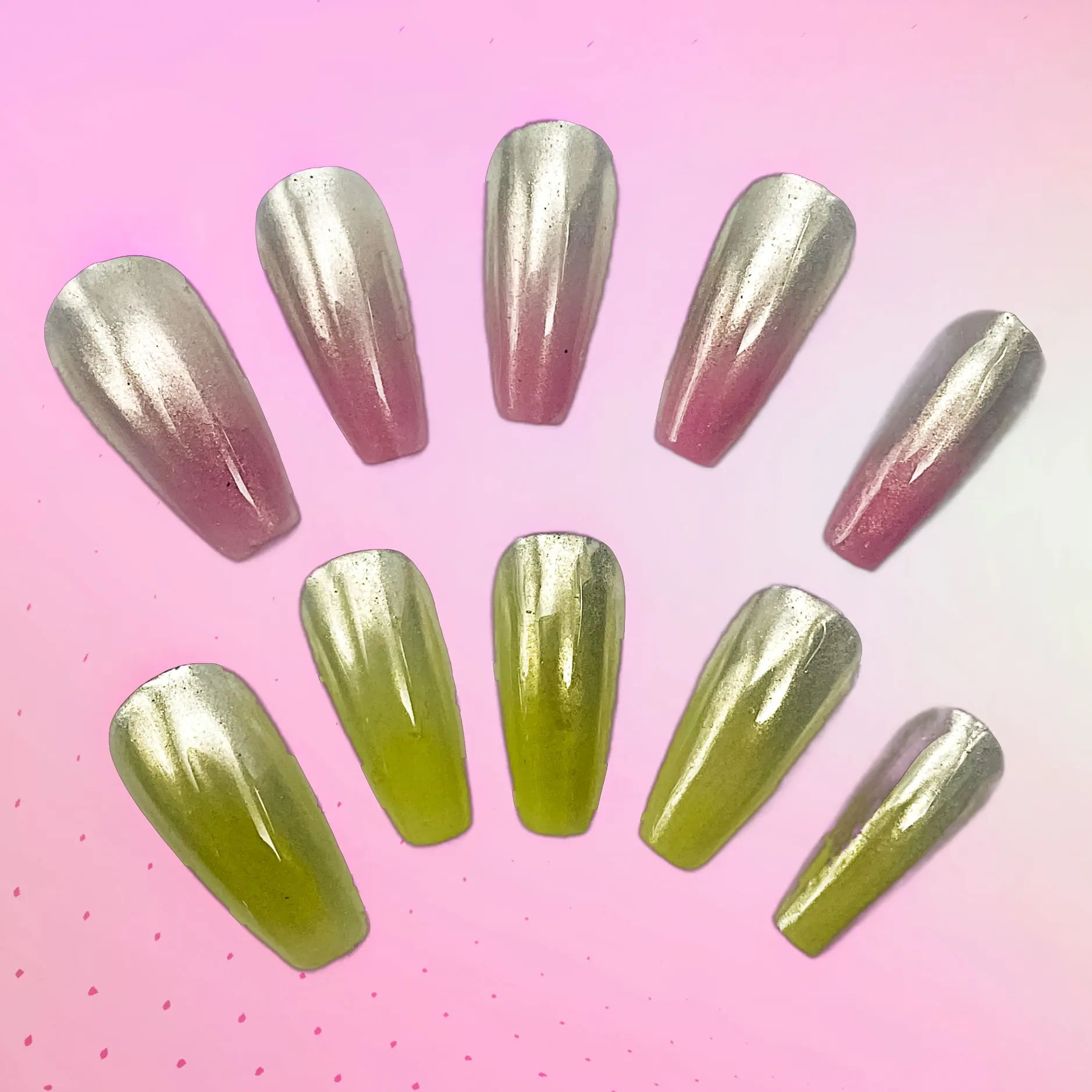 Kandy Klaws | Pink Green Chrome Acrylic Press On Nails | Cute Glue On Nails | Coffin Fake Nails 22mm | Handmade | Press Ons with Charm | Trendy Summer Party Nails