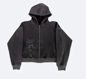 Vintage Washed Black Angel Graphic Zip-Up Hoodie
