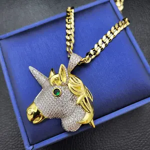 AAA+ Brass Gold Plated Unicorn Hign-End Simulated Diamond Pendant Charm & 5mm 20" 24" 14K Stamped Chain Cuban Necklace Jewelry