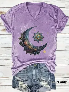 Women's Moon & Floral Print V Neck Tee, Casual Star Print Short Sleeve T-Shirt for Summer, Ladies Clothes for Daily Wear, Top