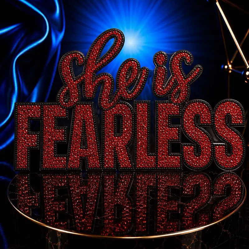Red Blinged Plastic "She’s Fearless" Iron-On Gel Acrylic Patch