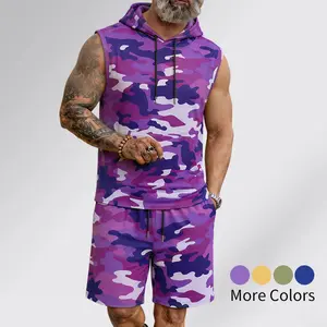 Men’s Camo Sleeveless Hoodie Shorts Set 2 Piece Outfit, Breathable Gym Tracksuit,summer walker outfit chicago, Summer Streetwear Athletic Matching Set men's 2 piece sets fathersdaygift