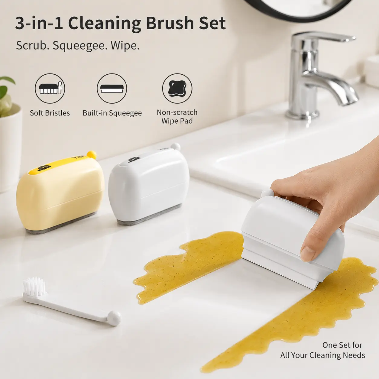 1 Count 3-in-1 Cleaning Brush Set, with soft bristle head, TPR squeegee and wiping pad for mirror, sink, kitchen counter daily cleaning