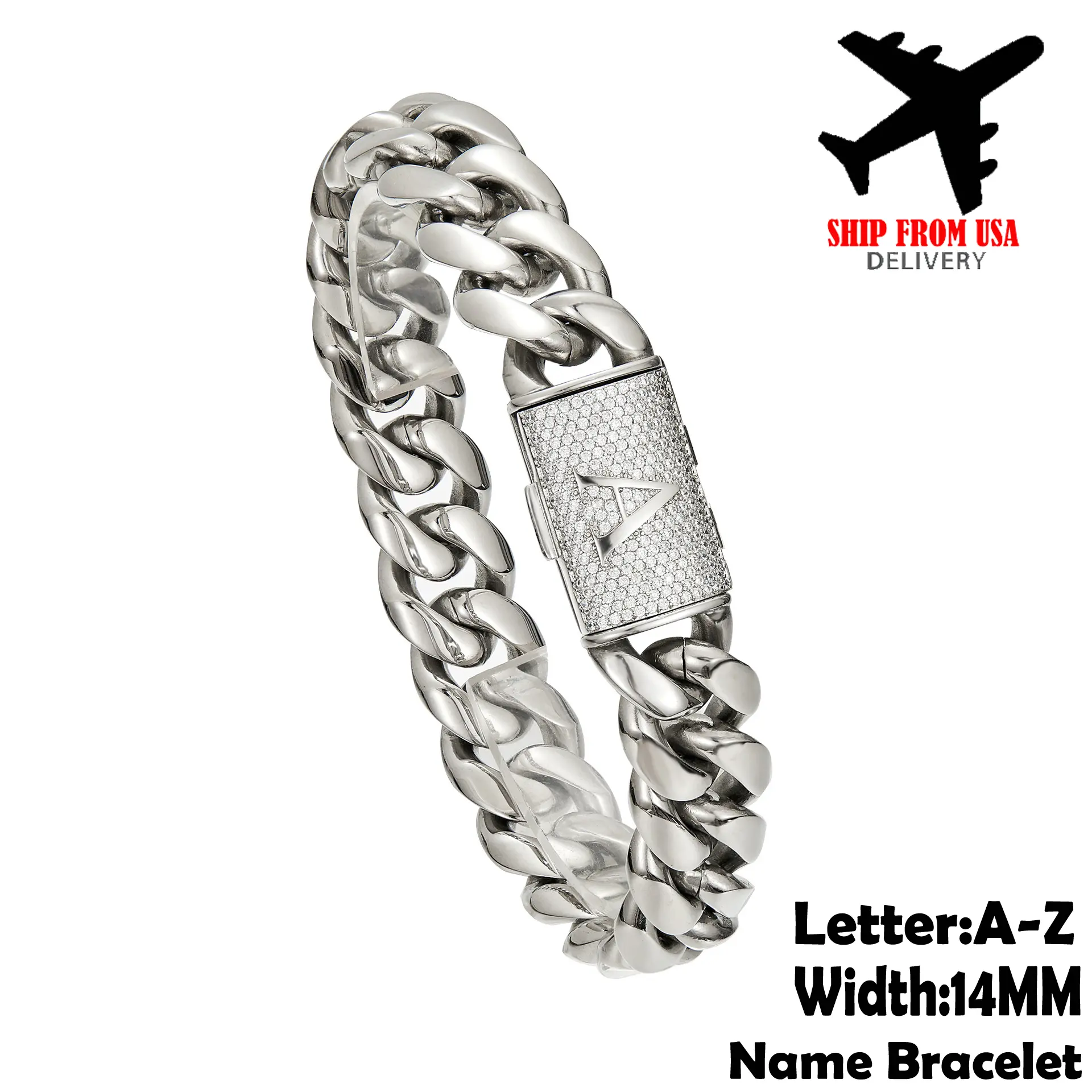 14MM Initial Letter A-Z Name Bracelet Hip Hop Jewelry Miami Cuban Link Chain For Men Stainless Steel Jewelry High polishing quality