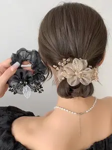 Vintage Embroidery Leaf Mesh Hair Ties, 2 Counts Flower Design Hair Scrunchies for Women & Girls, Minimalist Headwear Suitable for Thick Hair, Fashion Hair Accessories