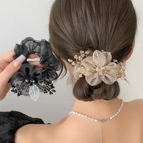 Vintage Embroidery Leaf Mesh Hair Ties, 2 Counts Flower Design Hair Scrunchies for Women & Girls, Minimalist Headwear Suitable for Thick Hair, Tie Up Back, Fashionable Hair Accessories