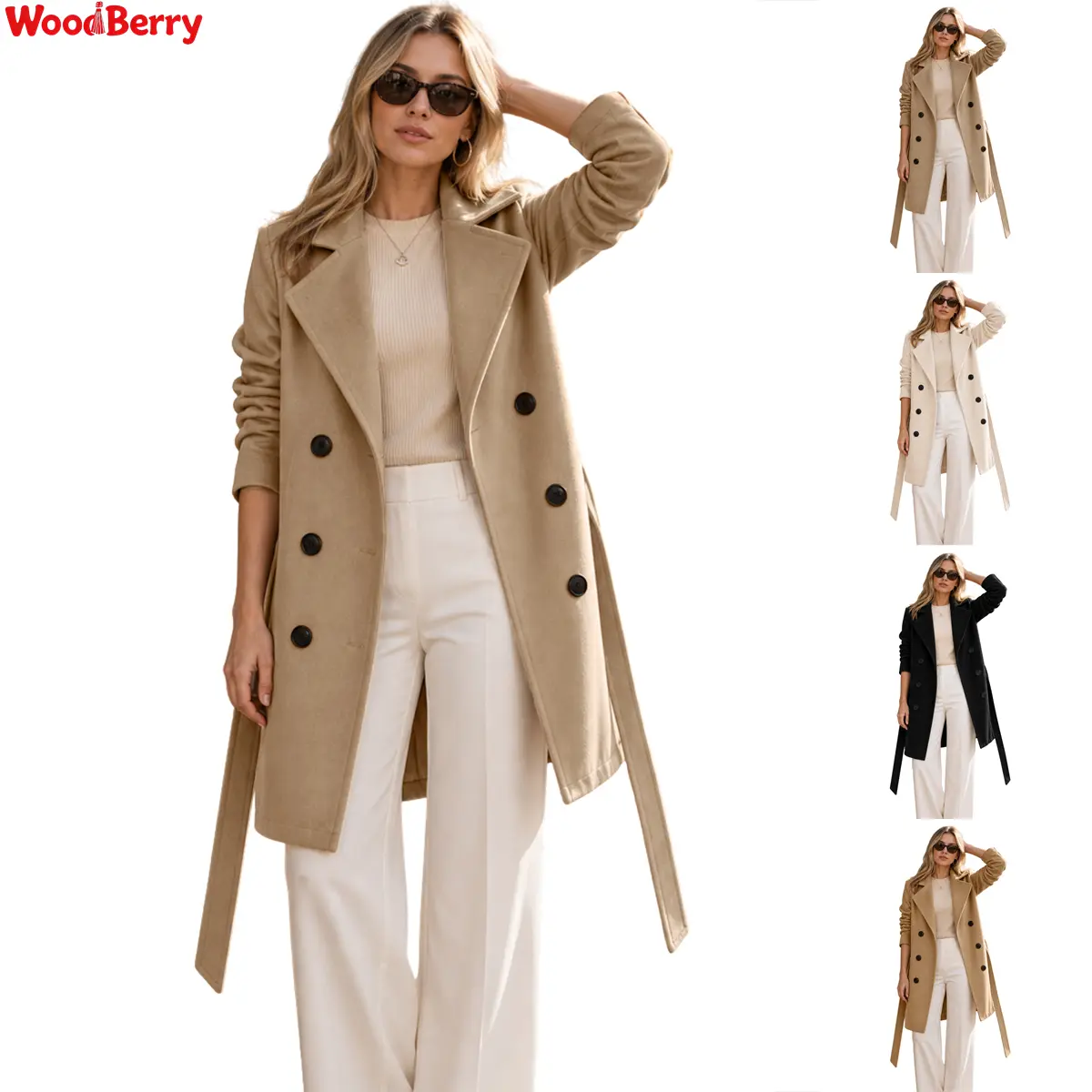 WoodBerry Women's Fall Winter Faux Wool Blend Trench Coat Double-Breasted Mid Length Peacoat Adjustable Waist Belted Casual Commute Outerwear Jacket