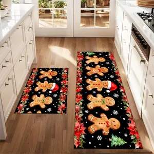 2Pcs Christmas And New Year Watercolor Printed Kitchen Floor Mat Gingerbread Man Poinsettia Floor Mat Set Kitchen Rugs Sets Farmhouse Kitchen Carpet Restaurant Floor Laundry Room Decoration Carpet Mat