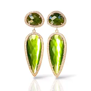 Green Catseye Pave Earrings with Faceted Teardrop Design and Diamond Accents for Elegant Style