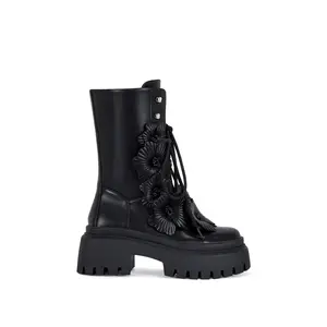 DEVOIR-BLACK 3D FLOWER COMBAT BOOTIE