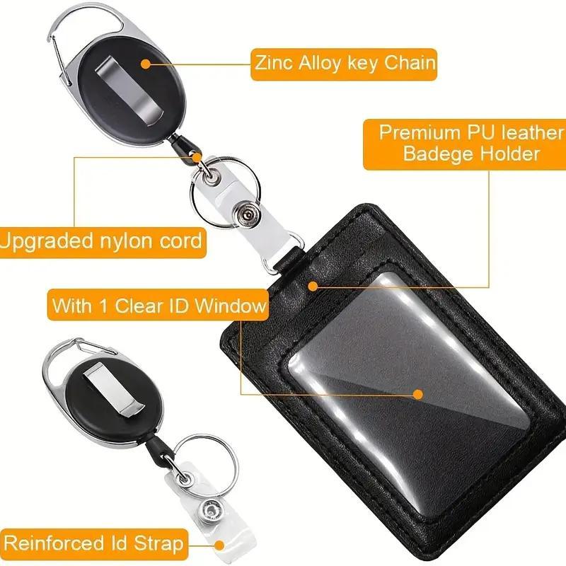 2 Pack PU Leather ID Badge Holders with Detachable Neck Lanyard, Retractable Keychain and Retractable Badge Reel, Convenient ID Card Holder Set for Daily Use