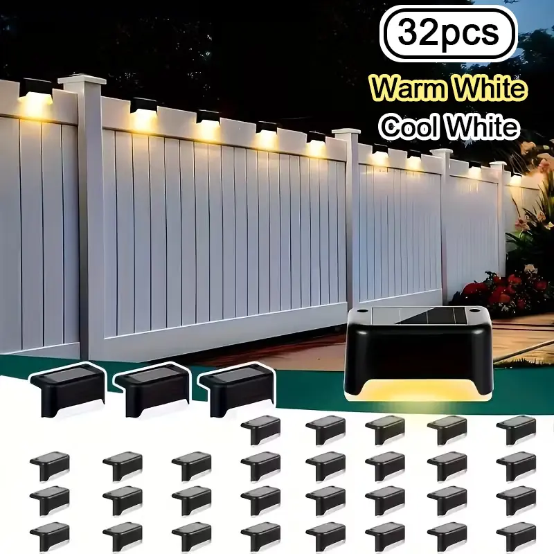 JNOEC IP65 Waterproof Solar Step Lights - Outdoor Lighting for Railings, Stairs, Auto On/Off, 12Hr Duration, 8/16/24/32 Pcs, Warm/Cool White, Easy Installation