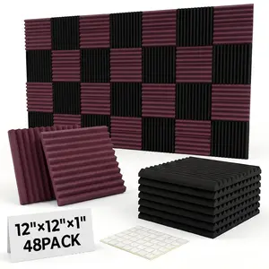 48  Soundproof Foam Panels, 1x12x12 Inch High Density Acoustic Boards, Noise Reduction Studio Wedges, Includes 260 Adhesive Pads（Black and Wine Red）