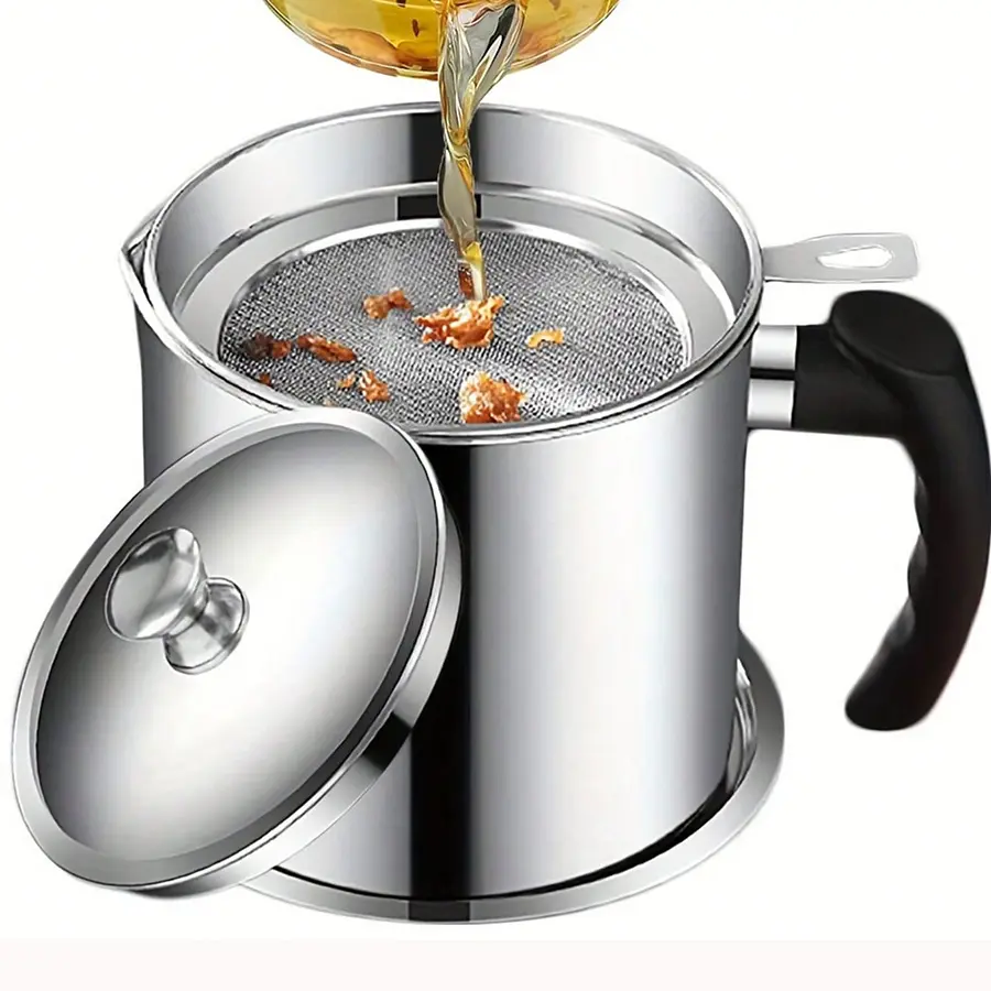 Stainless Steel 1.4L Oil Storage Container with Dust Proof Square Worm Cover and Stainless Steel Screen 12.5cm x 14cm