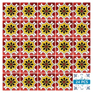 360 Tiles 360 Stand Stick-On Backsplash Tiles Sticker, 24 Pcs 12x12 in. Square Coastal Vinyl Decorative, Colorful Glossy, Peel & Stick, Removable, Waterproof for Kitchen & Home Sticker Decoration (Blue, Gray, Yellow Vibrant Design)