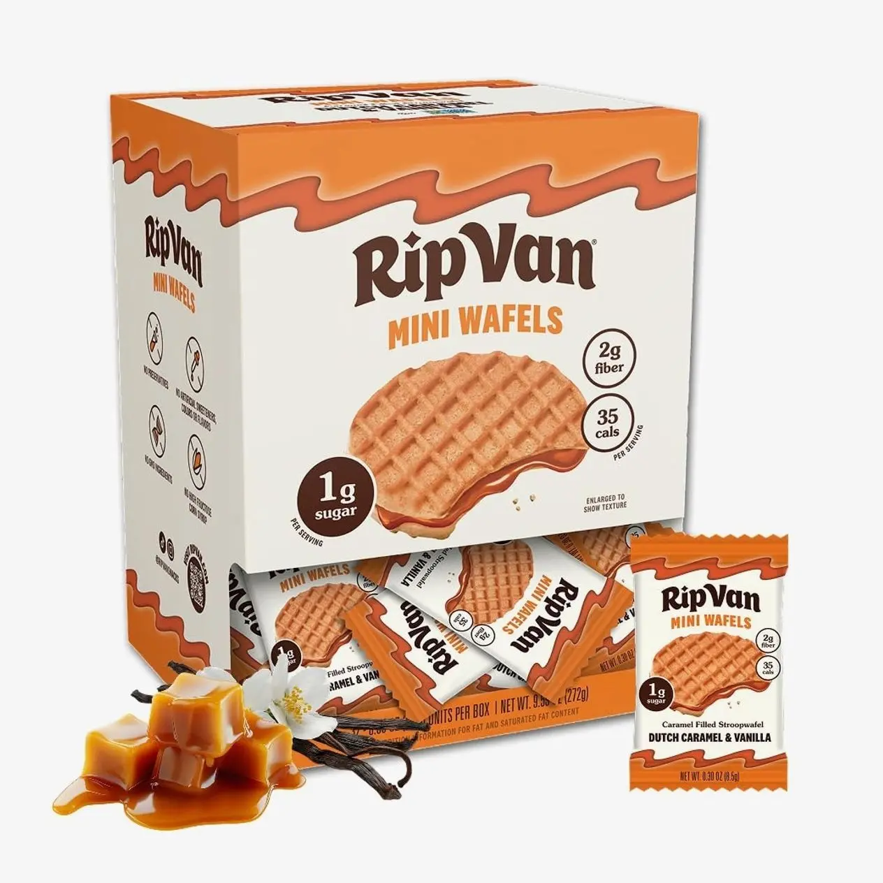 Rip Van Wafels Dutch Caramel Mini Stroopwafels - Low Carb Snacks (3g Net Carbs) - Non GMO Snack - Keto Friendly - Office Snacks - Low Calorie Snack (34 Calories) - Low Sugar (1g) - 32 Pack