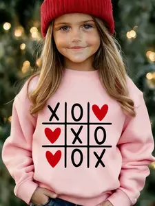 Valentine's Day Girl Sweatshirt, Xoxo Heart Print Casual Round Neck Loose Fit, Micro Stretch Fabric, Youth Fashion Clothes, Cartoon Print Sweatshirt