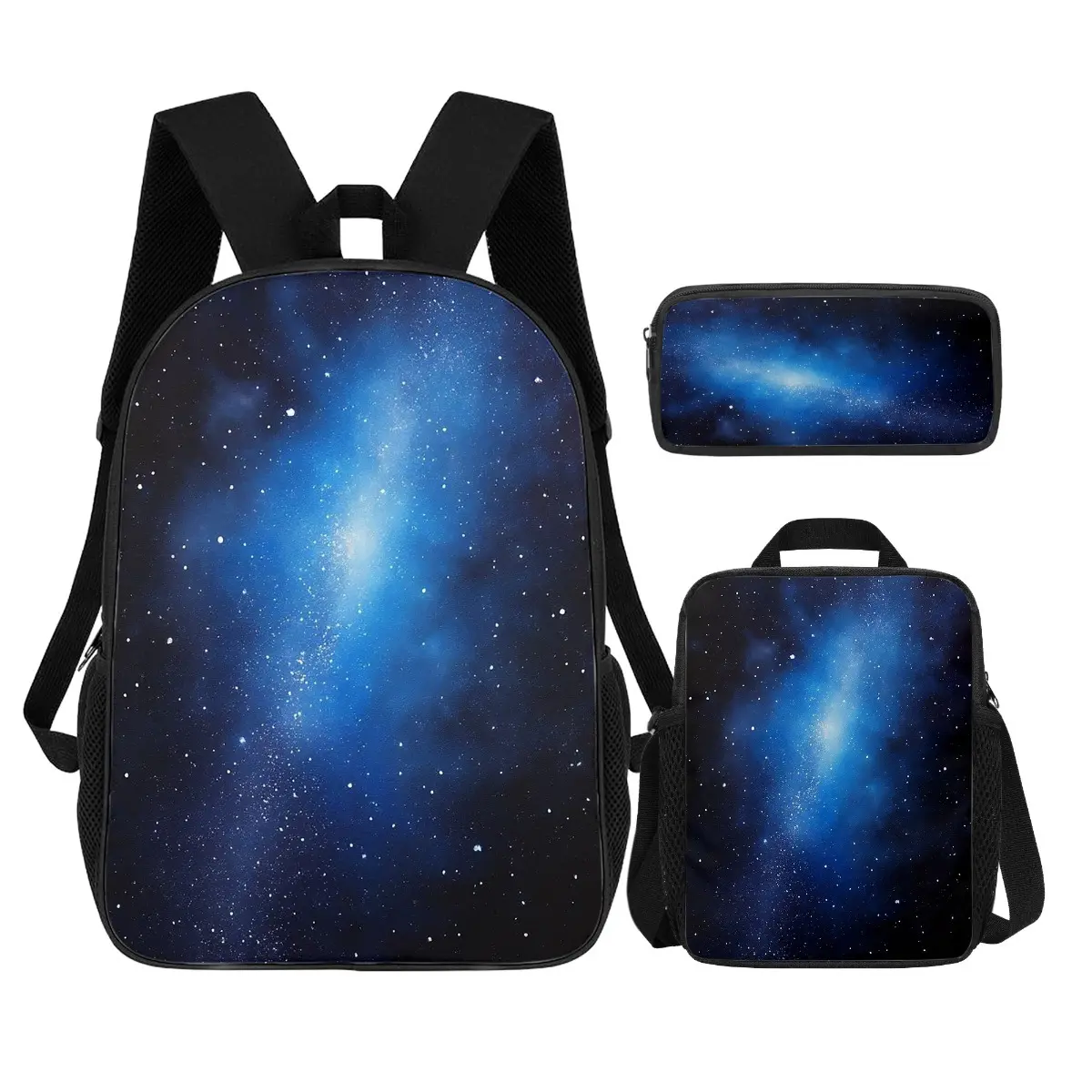 Galaxy Print 3-in-1 Backpack Set for Kids & Teens, Durable 600D Oxford School Bag with Top Handle, Insulated Lunch Box & Pencil Case, Fits 15-inch Laptop for Back to School, Back To School Haul, Adjustable