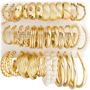 18 Pairs Gold Hoop Earrings Set for Women Hypoallergenic Open Pearl Chunky Trendy Multipack Statement Jewelry