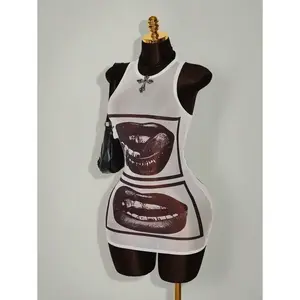 Rave Outfits Festival Rave Outfits Festival Lip Print Sheer Bodycon Mini Dress Casual Fabric Sleeve Womenswear