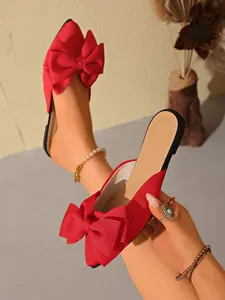 Women's Casual Bow Flat Mule Slippers,Pointed Toe Satin Wedding Shoes, Fashion Versatile Bridal Flats, Outdoor Lazy Summer Sandals