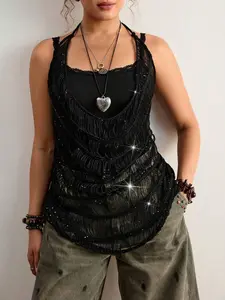 Plus Size Women's Boho Festival Style Black Fringe Open Knit Sparkly Sequin Halter Tank Top Sexy Sheer Cover-Up Cami