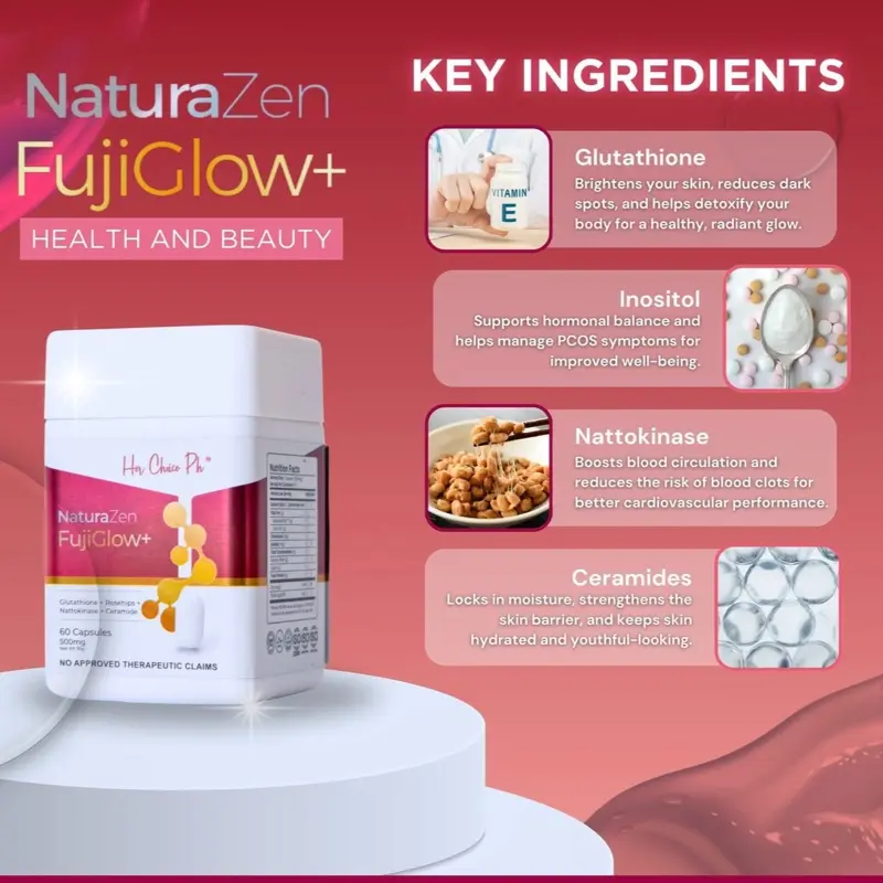 Her Choice PH NaturaZen FujiGlow+ Glutathione with Rosehips, Nattokinase, Ceramide & Inositol 60 Capsules (500mg) - TikTok Shop Her Choice PH NaturaZen FujiGlow+ Glutathione with Rosehips, Nattokinase, Ceramide & Inositol 60 Capsules (500mg) - TikTok Shop