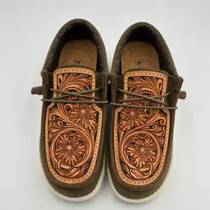 Double R Western Tooled Leather Shoes (Floral-Brown)