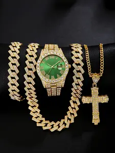 4pcs Stylish Men's Quartz Movement Watches with Buckle Closure, Punk Cuban Chain Cross Necklace and Bracelet Set, Men Jewelry, Perfect Gift for Daily Wear, Holidays and Special Occasions