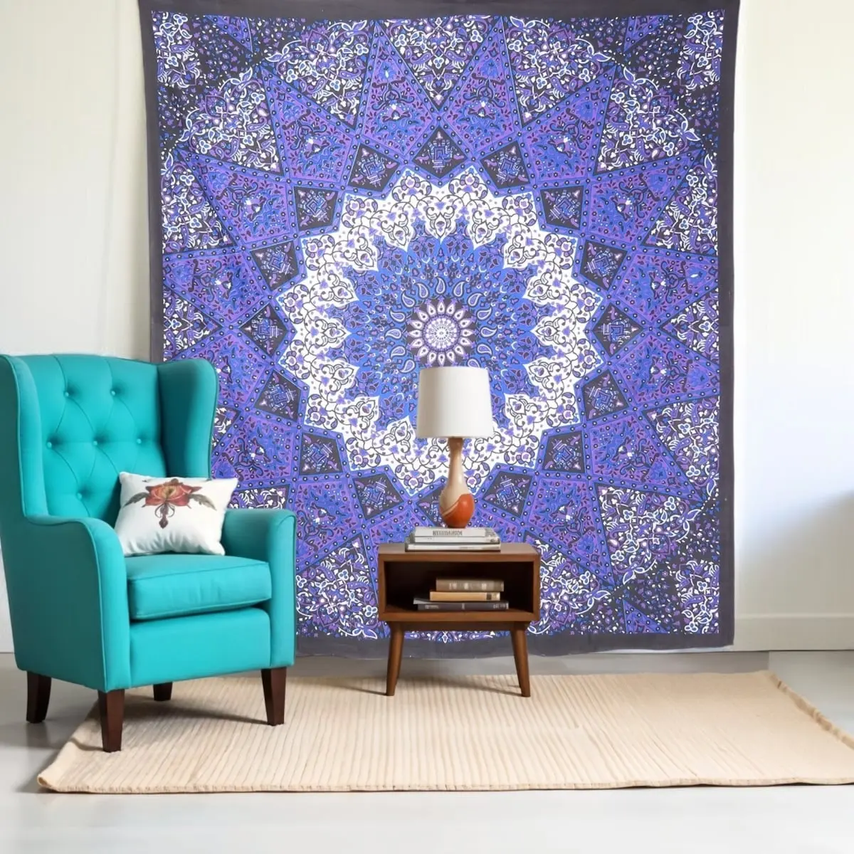 360 Stand Large Decorative Bohemian Handmade Mandala Cotton Hanging Tapestry - Purple, Black & White, 92x84 in, Indoor/Outdoor Home Wall & Table Decor, Room, Boho Print Tapestries, Indoors, Room Art, Vertical, Decor Inspo