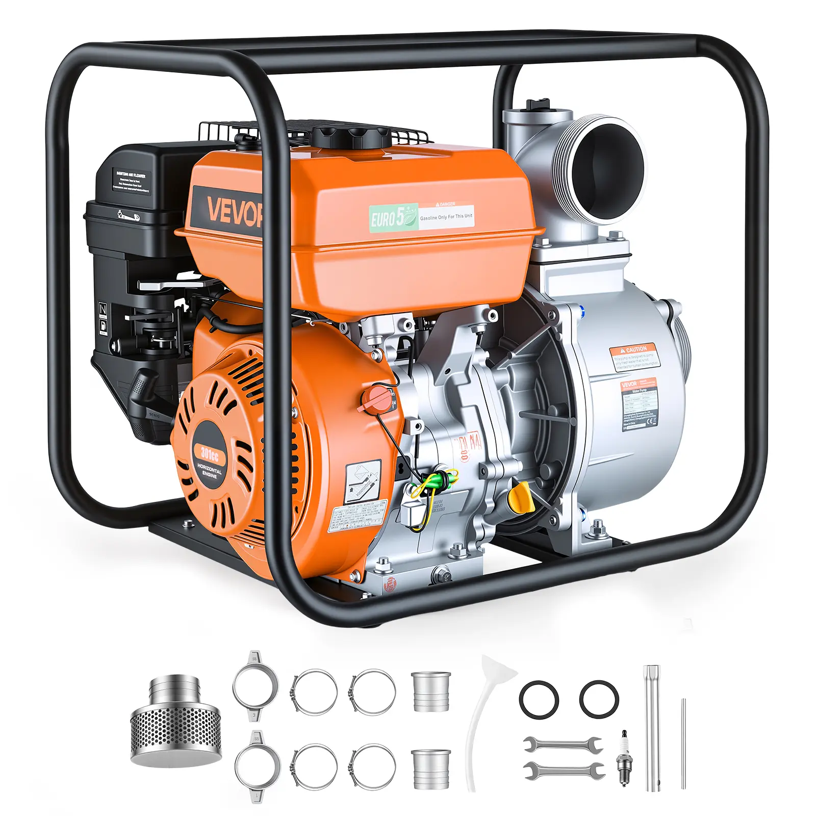 【summerfinds】VEVOR Gas Powered Water Pump, 4 in, 422 GPM 8.3HP Semi Trash Water Transfer Pump Portable, Gasoline Engine with 25 ft Discharge Hose, Heavy Duty Frame, Cast Iron Impeller, for Irrigation, Ponds, Pools, High Capacity Pump, Powered Pond Pump