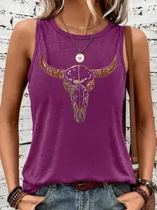 Women's Skull Printed Vest, Casual Cami Top Round Neck Sleeveless Summer Top, Comfortable Breathable Camisole Daily Wear, Sizes S-Xxl