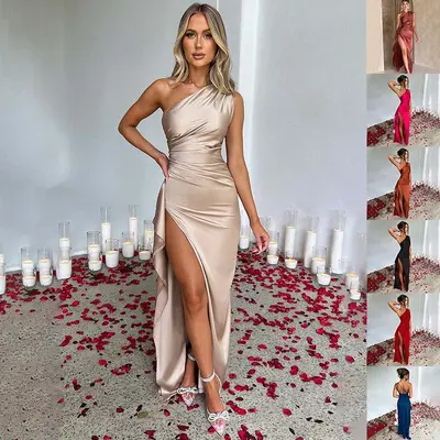 metallic ruched slim fit formal party maxi dresses gold Casual Gold Maxi Dress Metallic Ruched Slim-Fit Formal Party Maxi Dresses- Gold