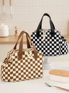 1pc Chessboard Pattern Durable Lunch Bag, Lunch Cooler Bag, Insulated Bento Box for Work, Camping Food Storage Bag, Portable and Reusable Lunch Container