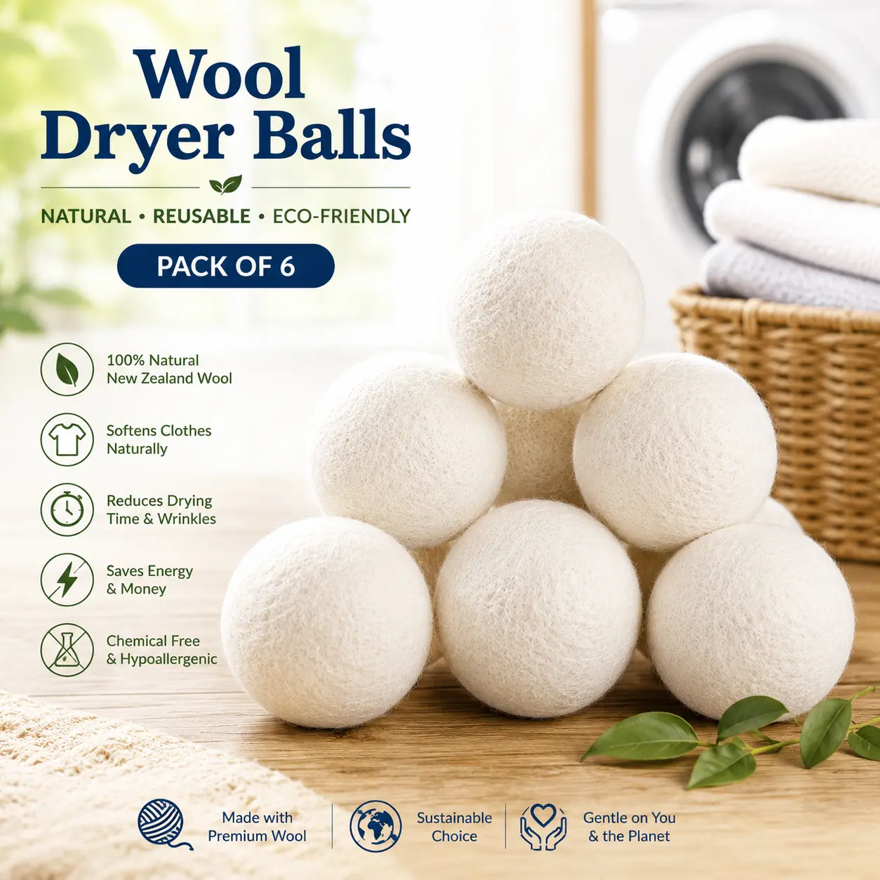 6-Pack Wool Dryer Balls , Drying Balls for Laundry,Reusable As Natural Fabric Softener, Reduce Clothing Wrinkles, Drying Clothes Faster Eco-Friendly