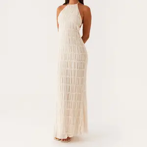 Women's Ruched Bodycon Long Dress Sleeveless Backless Solid Color Dress Cocktail Party Dress