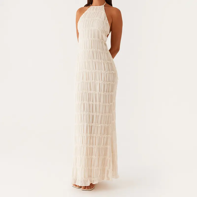 Lady's Elastane-Polyester Basic Sleeveless Ruched Backless Solid Color Bodycon Long Dress - Casual Wear, Cold Wash, Cocktail, All Occasion Outfit